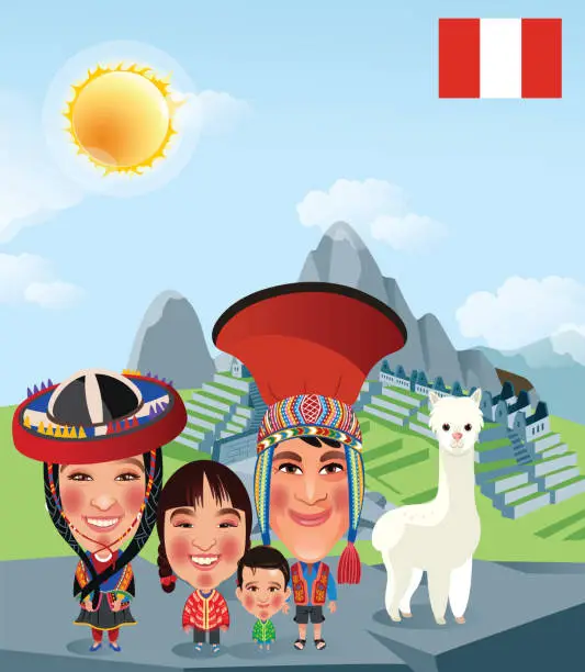 Vector illustration of Peruvian Family in the
Machu Picchu