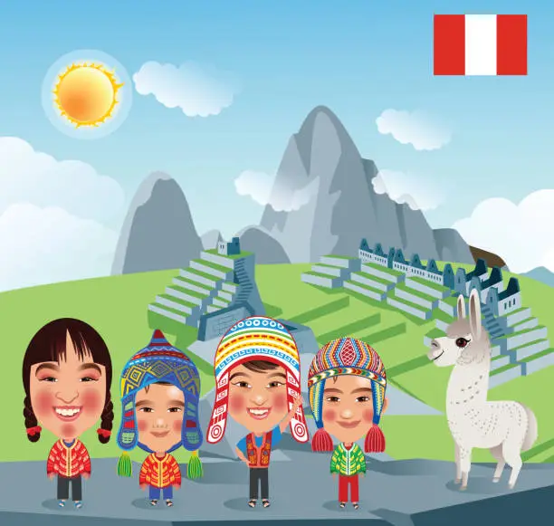 Vector illustration of Peruvian Kids  in the
Machu Picchu