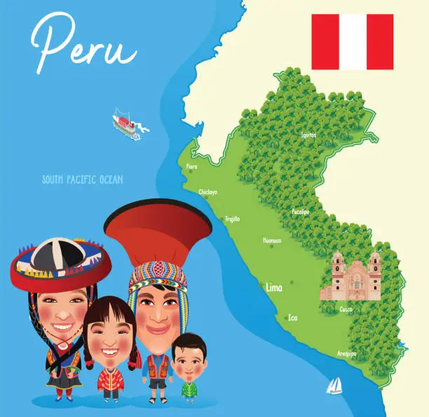 Vector illustration of Peru Map and Peruvian family