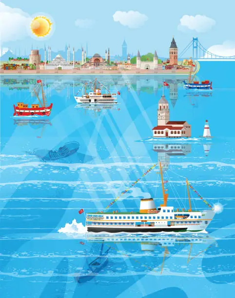 Vector illustration of Ferries in Istanbul Bosphorus