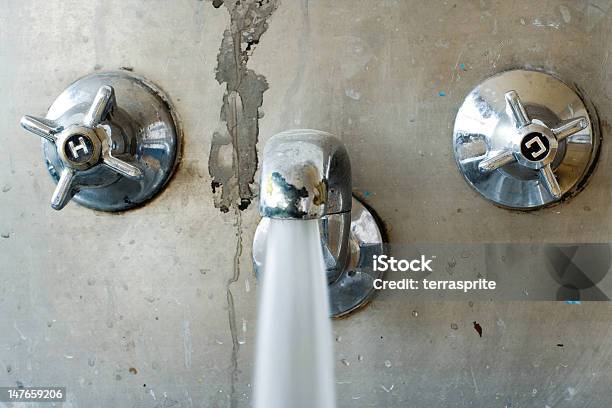 Grungy Tap Gushing Water Close Crop Stock Photo - Download Image Now - Bathroom, Damaged, Dirty