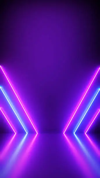 Photo of Neon Background Abstract with Light Shapes line diagonals on colorful and reflective floor, party and concert concept.
