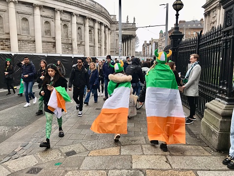 Saint Patrick's day Dublin city 2023 celebrations around the city centre: Temple bar, trinity college, stoneybatter, Liffey river, sweetman pub, Christ Church Cathedral.