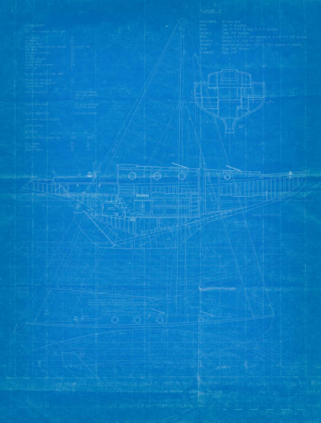 An antique style background blueprint image of the plans and elevations of a generic but fictitious luxury sailing yacht of approximately 40 feet in length. The composite image include: general arrangement, sail plan and hull line drawings, plus some descriptive text.