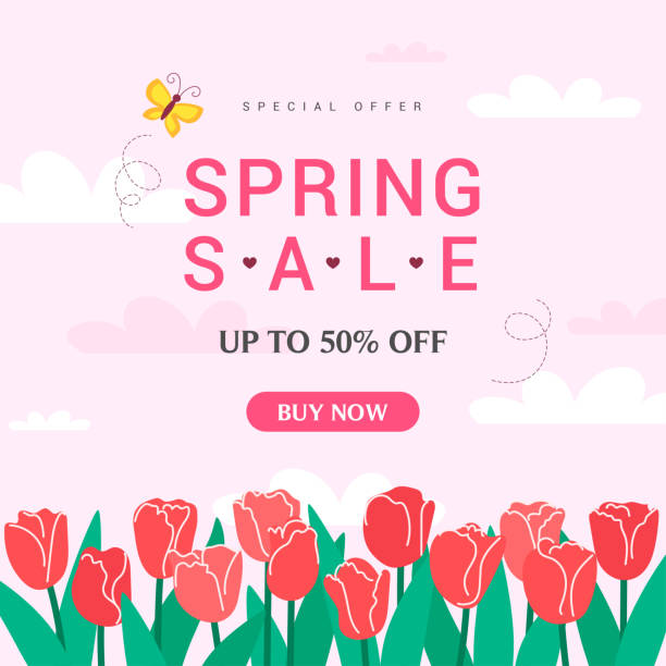 ilustrações, clipart, desenhos animados e ícones de ilustração vetorial da promoção da venda da primavera. campo de flores da tulipa da primavera - tulip field flower cloud