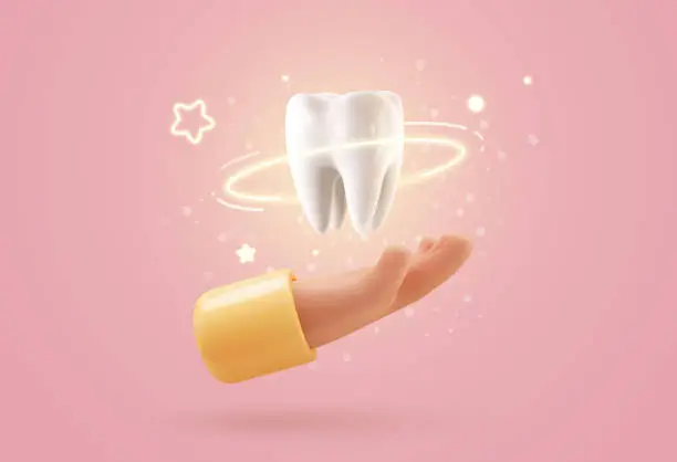 Vector illustration of Tooth protection vector illustration. Dentist holding white tooth implant 3d cartoon on light background. Teeth dentistry banner template. Stomatology advertising web banner template