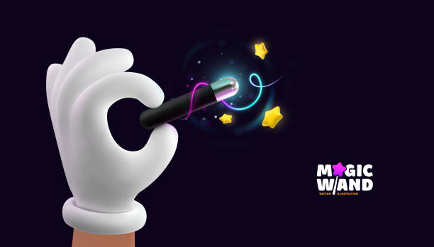 istock Magician hand  in white glove holding magic wand with glowing stars and light magical effects on dark background. Circus illusionist vector illustration 1476603981