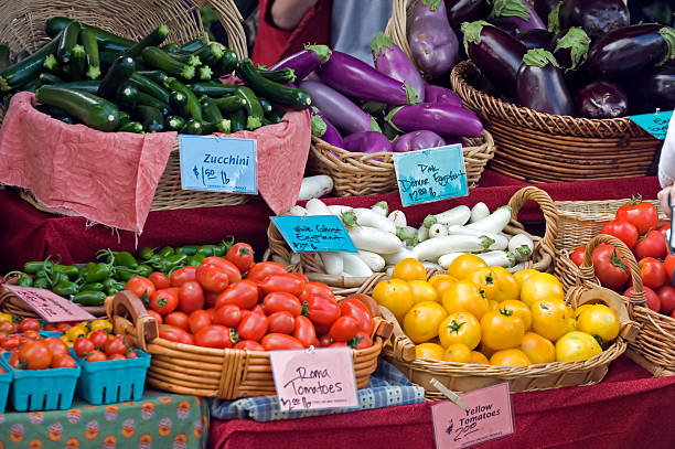 istock Baskets with zucchini, eggplants and tomatoes at a market 147660695