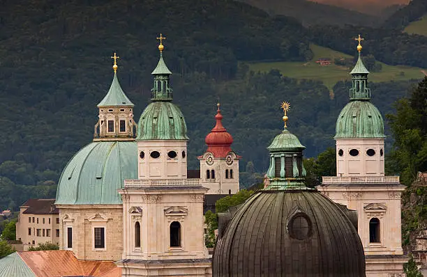 Special view of Salzburg with the two towers and other the domes