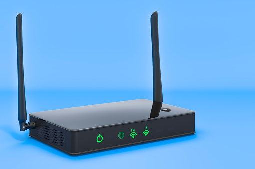 Wireless internet router on blue background, 3D rendering