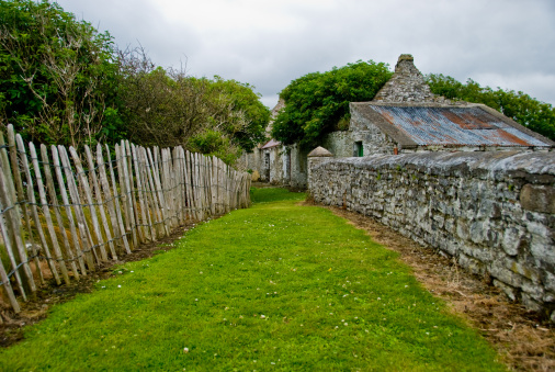 A stone fence on one side and a wooden wattle fence on the other side of a green grassy pathway leading to an ancient Irish village.