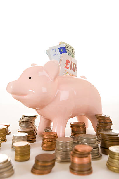 Piggybank with various currency stock photo