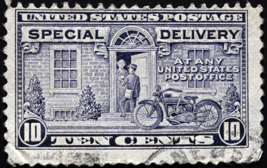Old postage stamp from 1922, when 10 cents was a lot of money, and was enough to pay to have an item delivered by a motorcycle riding postman outside of the normal schedule.