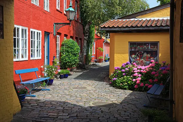 Old houses in a small danish town on the island Bornholm in the baltic sea.