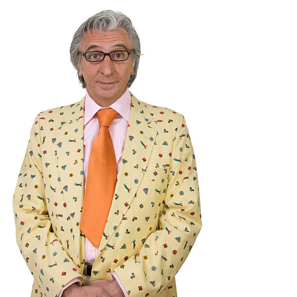 Tasteless Mature man wearing eccentric clothes. Isolated on white background. uncool stock pictures, royalty-free photos & images