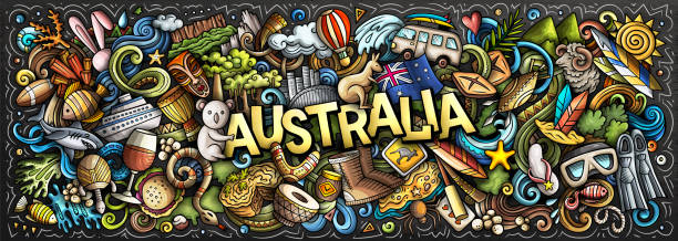 illustrazioni stock, clip art, cartoni animati e icone di tendenza di australia doodle cartoon banner divertente - koala australia sydney australia animal