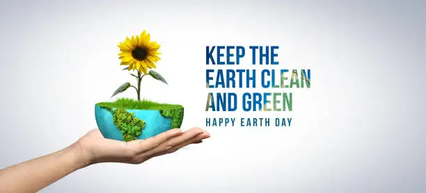 Keep the Earth Clean and Green. Earth day concept. 3d eco friendly design. Earth map shapes with trees water and shadow. Happy Earth Day, 22 April.