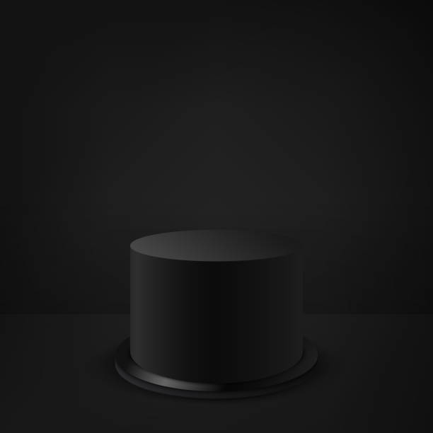 istock Realistic black studio, black round cylindrical podium on a black round shiny stand. Stage for display or promotion of goods. 1476669019
