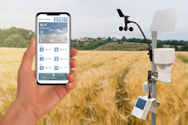 istock Farmer control weather station via mobile app. 1476683712