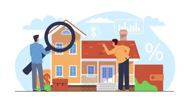 Vector illustration of Home appraisal, real estate appraisers do home inspection. Property value, house assessment before purchase. Agent inspect building with magnifier. Cartoon flat illustration. Vector concept