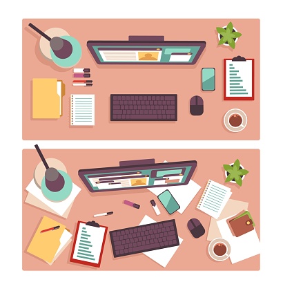 Top view of dirty and clean office workers desk. Working process, computer, stacks of documents and stationery tidy and messy. Office workspace, cartoon flat style isolated illustration. Vector set