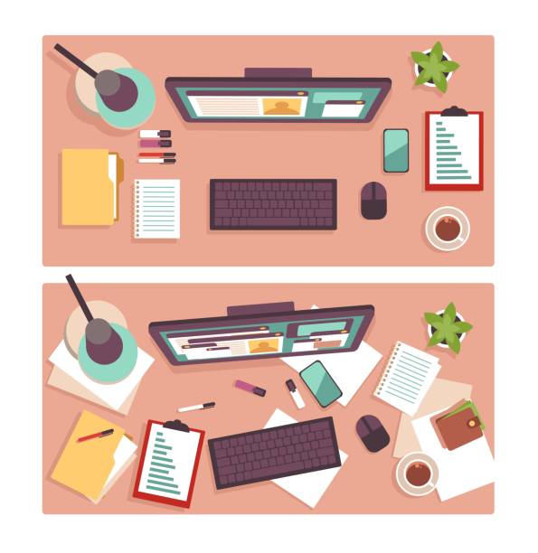 Top view of dirty and clean office workers desk. Working process, computer, stacks of documents and stationery tidy and messy. Office workspace, cartoon flat illustration. Vector set Top view of dirty and clean office workers desk. Working process, computer, stacks of documents and stationery tidy and messy. Office workspace, cartoon flat style isolated illustration. Vector set messy vs clean desk stock illustrations