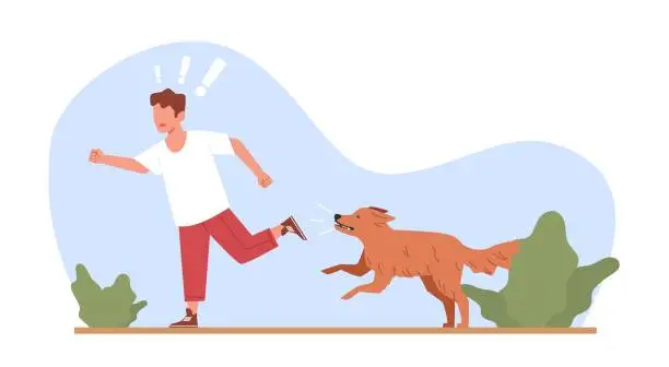Vector illustration of Little boy runs away from vicious and aggressive dog. Afraid child in dangerous situation. Terrified kid running, homeless animal attacking. Cartoon flat isolated illustration. Vector concept