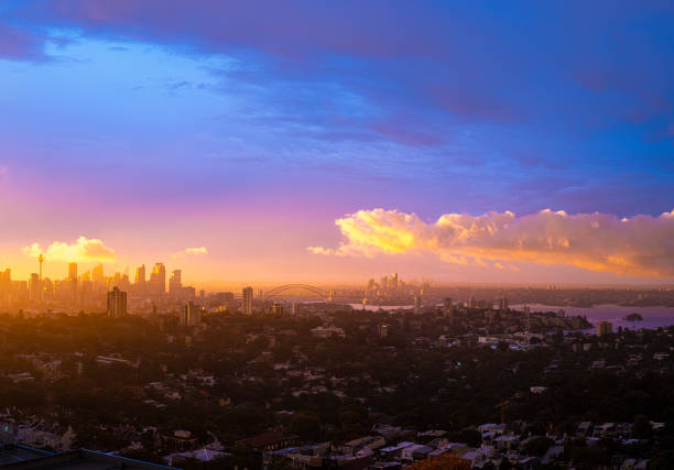 Urban wide angle photography，Bondi Junction，Sydney in the early morning，Windy，City Skyline，Blue，City，North Sydney，Mosman，Harbour bridge，opera house，Orange，Purple