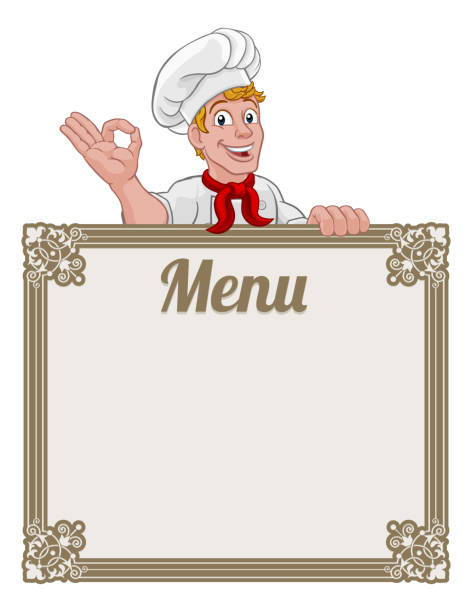 chef cook baker cartoon mann menü zeichen hintergrund - blackboard book education back to school stock-grafiken, -clipart, -cartoons und -symbole