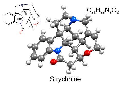 Strychnine is a highly toxic, colorless, bitter, crystalline alkaloid used as a pesticide, particularly for killing small vertebrates such as birds and rodents.