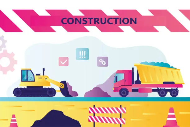 Vector illustration of Process of building. Bulldozer and dump truck at construction site. Development, industrial machines. Roadworks or earthworks. Horizontal banner