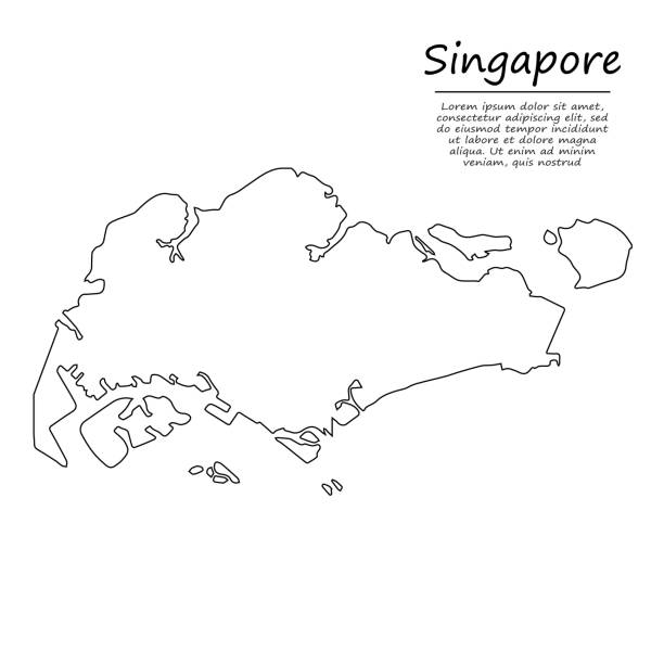 스케치 선 스타일의 싱가포르의 간단한 개요 지도 - silhouette cartography singapore map stock illustrations