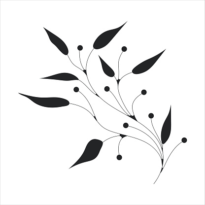 Black silhouette of a plant branch. Flower branch in outline style hand drawn on isolated white background. Vector stock illustration. Minimal line art for print, cover or tattoo. Tropical leaves.