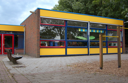 Exterior of a typical elementary school building, pictured in The Netherlands.