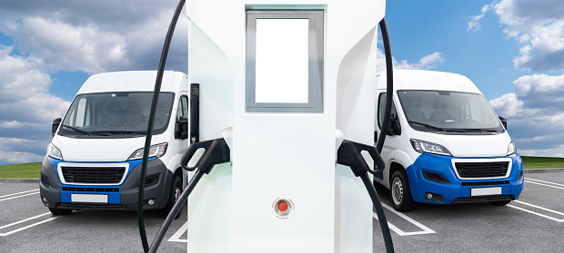 Electric delivery vans with electric vehicles charging station.