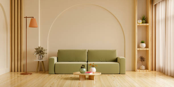 istock Mockup living room interior with green sofa on empty cream color wall background. 1476693785