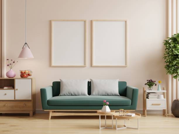 istock Mock up poster frame in modern interior with green sofa and decoration minimal. 1476693817