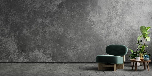 Style loft interior with dark green armchair on dark cement wall.3d rendering