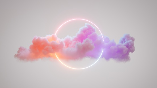 3d render, abstract geometric background, ring shape glows with neon light inside the soft colorful cloud, fantasy sky with blank linear round frame