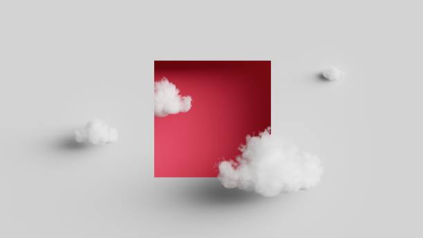 rendu 3d, fond fantastique abstrait. voler des nuages réalistes. trou carré rouge sur le mur blanc. papier peint géométrique minimaliste - dreams window bizarre surreal photos et images de collection