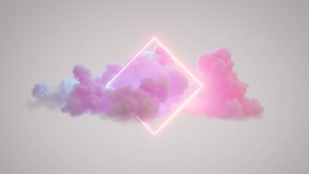 istock 3d render, geometric rhombus shape glows with neon light inside the soft colorful cloud isolated on white background, fantasy sky with blank linear frame 1476694661