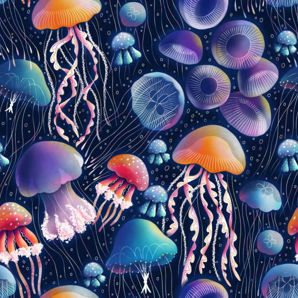 해파리 생물 발광 디스코 파티, 멋진 바다 생물 원활한 패턴 그림 벡터 아트 일러스트