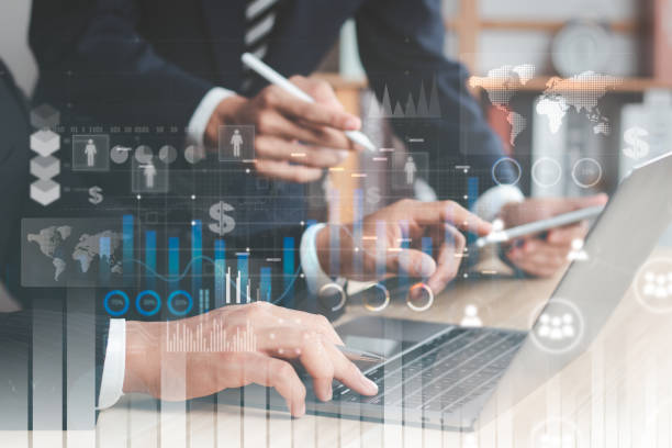 istock Business people working as a team presentation ideas Analyze big data and marketing strategies. Financial data exchange chart on a virtual interface. 1476698415