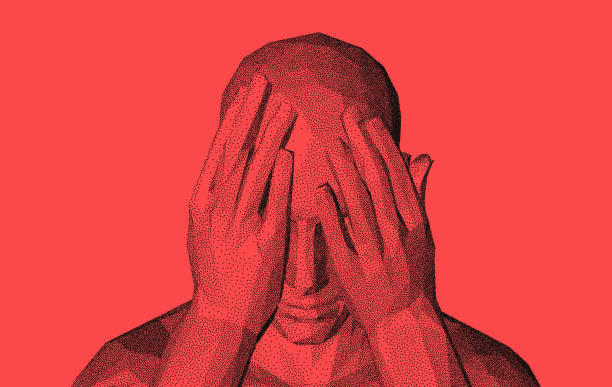 мужчина закрывает лицо обеими руками. человеческие эмоции, реакция и язык тела. понятие страха, домашнего насилия, отчаяния или тревоги. 3d в� - сожаление stock illustrations