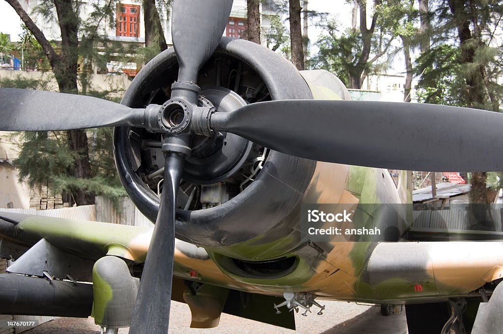 Propeller close-up on camouflage military plane Close-up of propeller on camouflage military plane in Vietnam Aerospace Industry Stock Photo