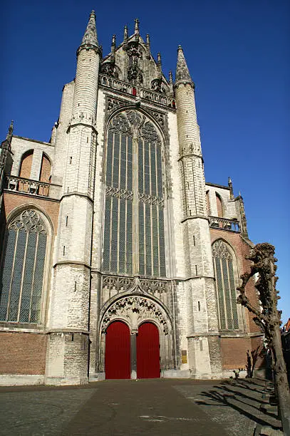 Entrance to the Hooglandse Church in Leiden, the Netherlands, on a cold sunny day