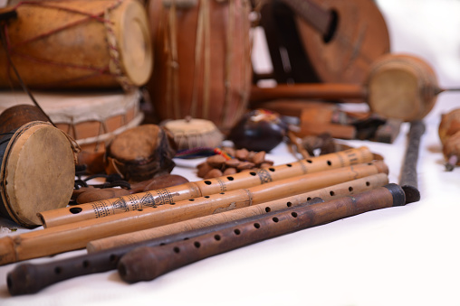 close up of alto xylophone traditional classical Thai and sountheast asia musical instrument made of wood making sound by hit sticks to wood rail