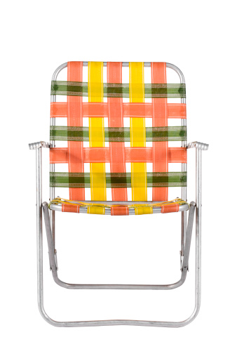 Orange and green strapped aluminum lawn chair like your parents used to have. Isolated on white.
