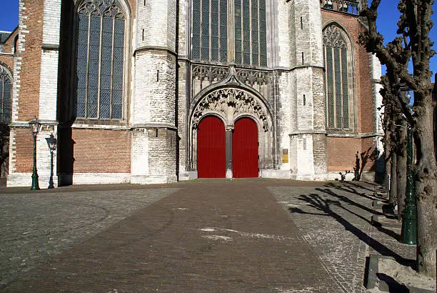 Entrance to the Hooglandse Church in Leiden, the Netherlands, on a cold sunny day