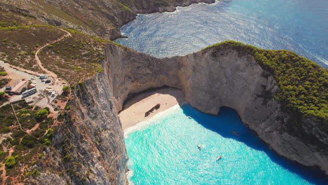 Aerial view of the Navagio beach with the famous wrecked ship in Zante, Greece.